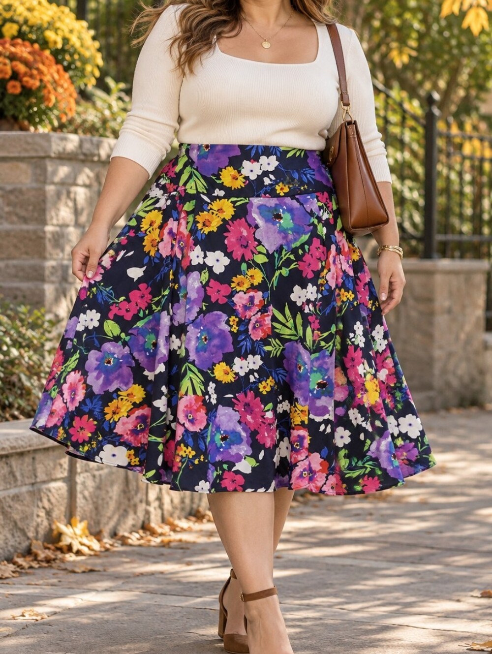 Lauren Ralph Lauren Navy Floral Circle Skirt Pink Purple Yellow Plus Size Preppy